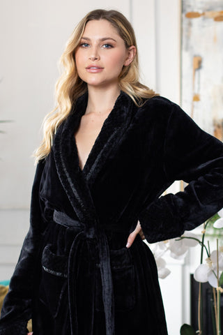Women's Ultra Soft Fleece Bathrobe Black Plushie Depot