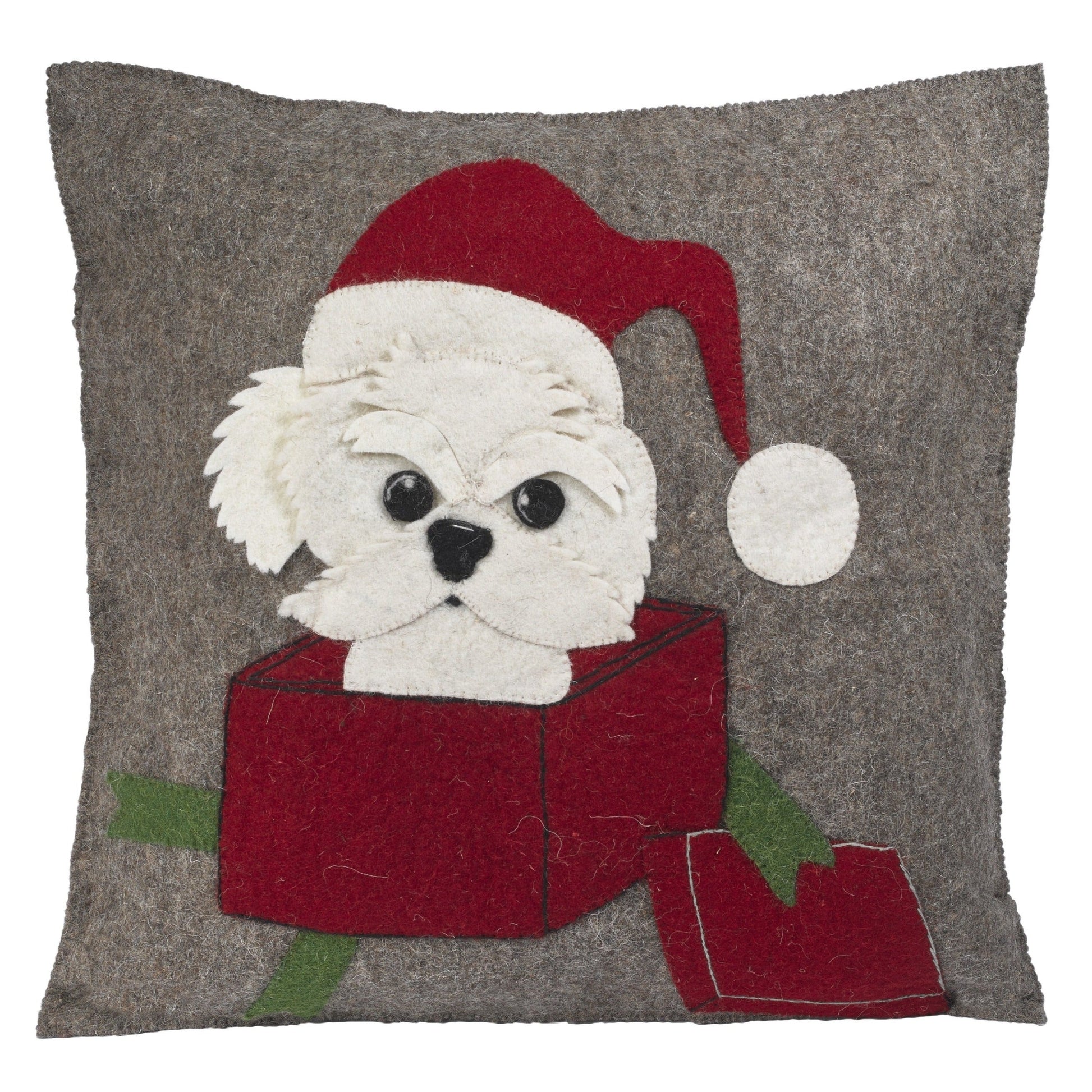 Hand Felted Wool Christmas Pillow - Dog in Box - 20" Pillow - Plushie Depot