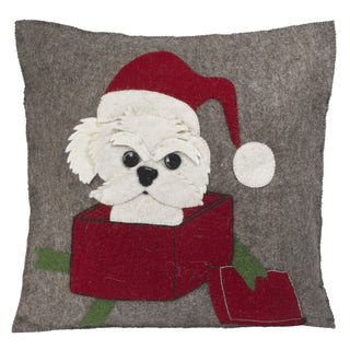 Hand Felted Wool Christmas Pillow - Dog in Box - 20" - Plushie Depot