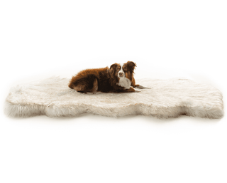 PupRug™ Runner Faux Fur Memory Foam Dog Bed - Curve White with Brown Accents | Plushie Depot