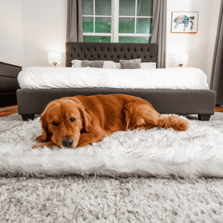 PupRug™ Faux Fur Orthopedic Dog Bed - Rectangle White with Brown Accents | Plushie Depot