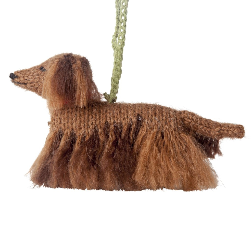 Hand Knit Alpaca Wool Christmas Ornament - Longhaired Dachshund Dog Ornament - Plushie Depot