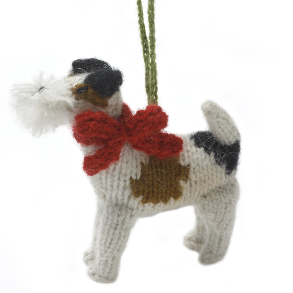 Hand Knit Alpaca Wool Christmas Ornament - Fox Terrier Dog Ornament - Plushie Depot