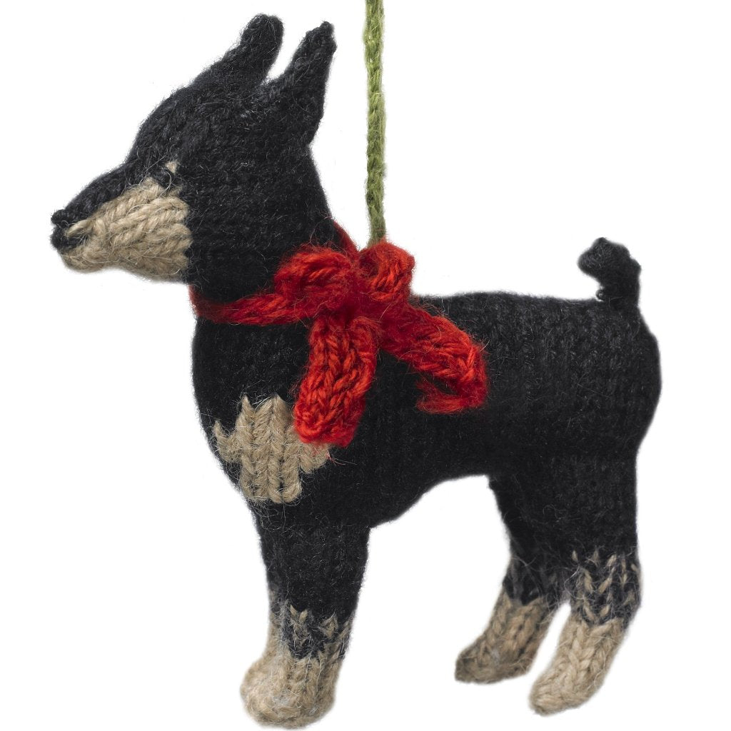 Hand Knit Alpaca Wool Christmas Ornament - Doberman Pinscher Dog Ornament - Plushie Depot