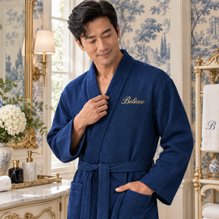Waffle Spa Bathrobe for Men - Absorbent, Lightweight Navy