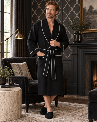 Premium Waffle Piping Robe for Men Black with Piping