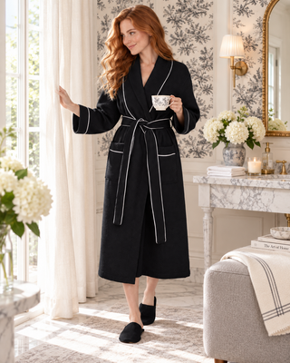 Women’s Waffle Piping Bathrobe – Lightweight Spa-Style Comfort Black with Piping