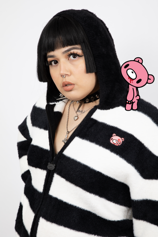 Gloomy Bear Striped Fuzzy Zip Up Jacket
