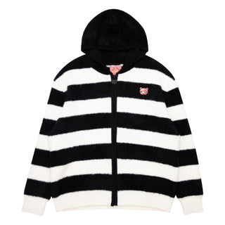 Gloomy Bear Striped Fuzzy Zip Up Jacket Black White