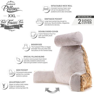 XXL Husband Pillow - Faux Fur Backrest Pillow with Arms Memory Foam - Two Side  Pelt - Long / Short