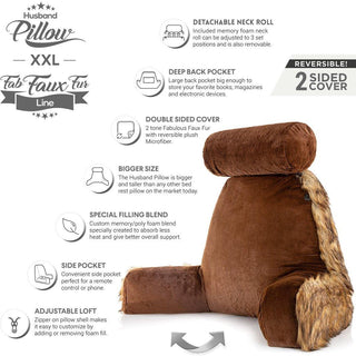 XXL Husband Pillow - Faux Fur Backrest Pillow with Arms Memory Foam - Two Side  Pelt - Long / Short