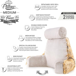 Medium Husband Pillow - Faux Fur Backrest - Memory Foam - Cover Reverses