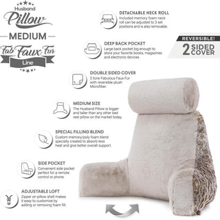 Medium Husband Pillow - Faux Fur Backrest - Memory Foam - Cover Reverses