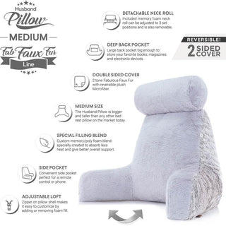 Medium Husband Pillow - Faux Fur Backrest - Memory Foam - Cover Reverses