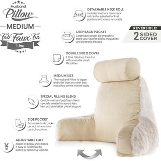 Medium Husband Pillow - Faux Fur Backrest - Memory Foam - Cover Reverses