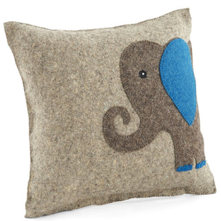 Handmade Pillow in Hand Felted Wool - Blue Elephant on Gray - 18" | Plushie Depot