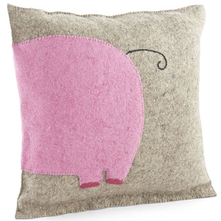 Handmade Pillow in Hand Felted Wool - Pink Elephant on Gray - 18" | Plushie Depot