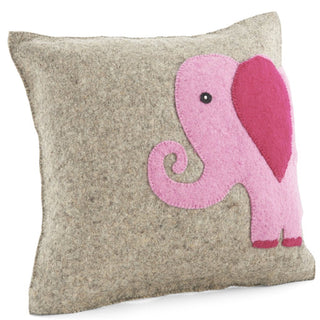 Handmade Pillow in Hand Felted Wool - Pink Elephant on Gray - 18" | Plushie Depot