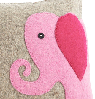 Handmade Pillow in Hand Felted Wool - Pink Elephant on Gray - 18" | Plushie Depot