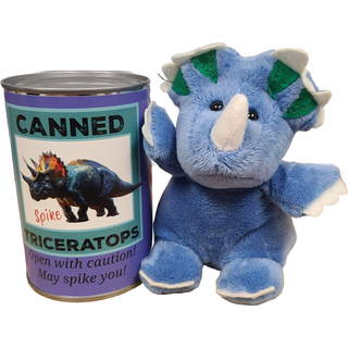 Canned Gifts - Spike the Canned Triceratops Dinosaur Plush w/Funny Jokes - Plushie Depot