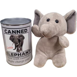 Canned Gifts - Lottie the Canned Elephant - Stuffed Animal Plush w/Jokes Pop Top Lid Plushie Depot