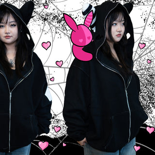 Plush Ear Bunny Hoodie – Black