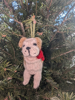 Bulldog Dog Hand Knit Christmas Ornament