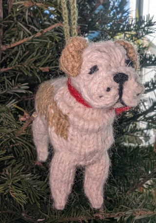 Bulldog Dog Hand Knit Christmas Ornament