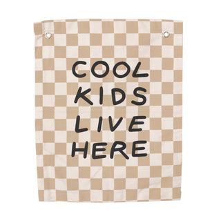'Cool Kids Live Here' Canvas Wall Banner | Kids Room Décor Checkered Taupe