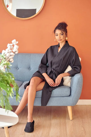 Peignoir kimono gaufré longueur genou pour femme