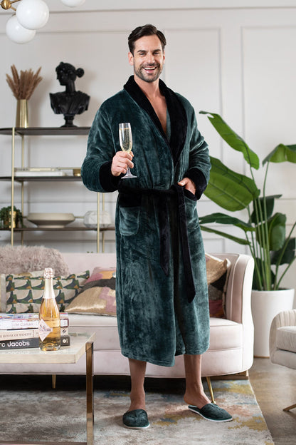 Men's Shawl Collar Fleece Robe Shawl Green Black Robes - Plushie Depot