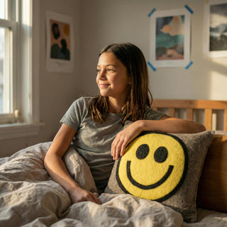 Hand Felted Wool Happy Sad Face Pillow - 20" Arcadia Home