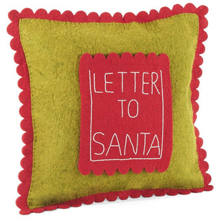 Coussin de Noël fait main en laine feutrée à la main - Lettre au Père Noël sur pochette verte - 18"