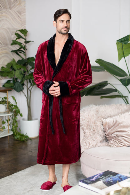 Men's Shawl Collar Fleece Robe Shaw Burgundy Black Robes - Plushie Depot