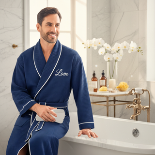 Premium Waffle Piping Robe for Men Navy with Piping