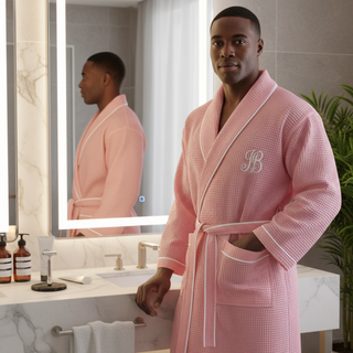 Premium Waffle Piping Robe for Men Blush with Piping