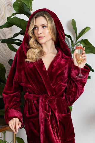 Women's Hooded Plush Robes Hooded Wine Red Plushie Depot