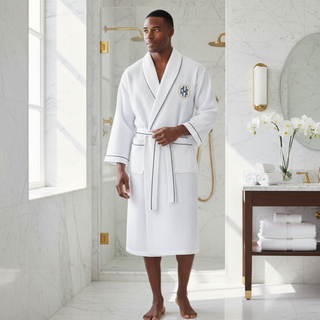 Premium Waffle Piping Robe for Men White with Piping