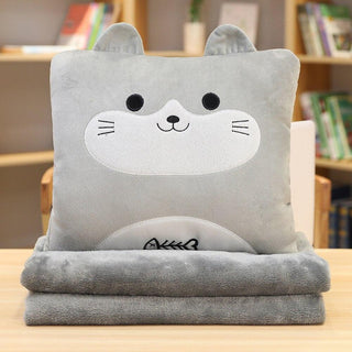Adorable Stuffed Animal Cat, Dog & Dinosaur Plush Toy Cushion with Blanket Plushie Depot
