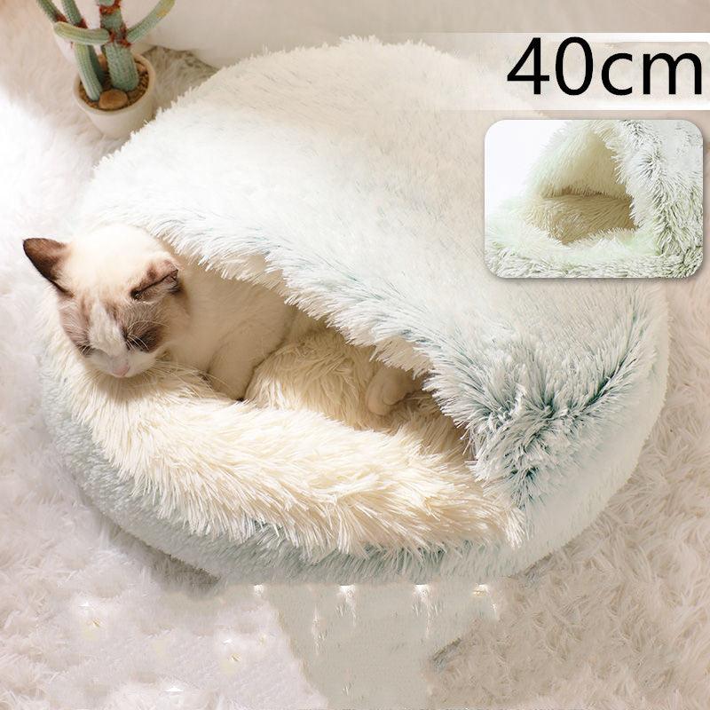 Round Half Open Warm and Soft Plush Cat Bed Hair Olive green 40cm Pet Beds Plushie Depot