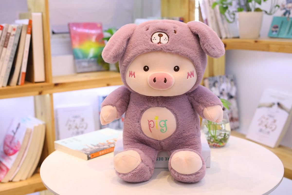 Adorable Piglet dressed with a Teddy Bear Hat Purple Teddy bears Plushie Depot