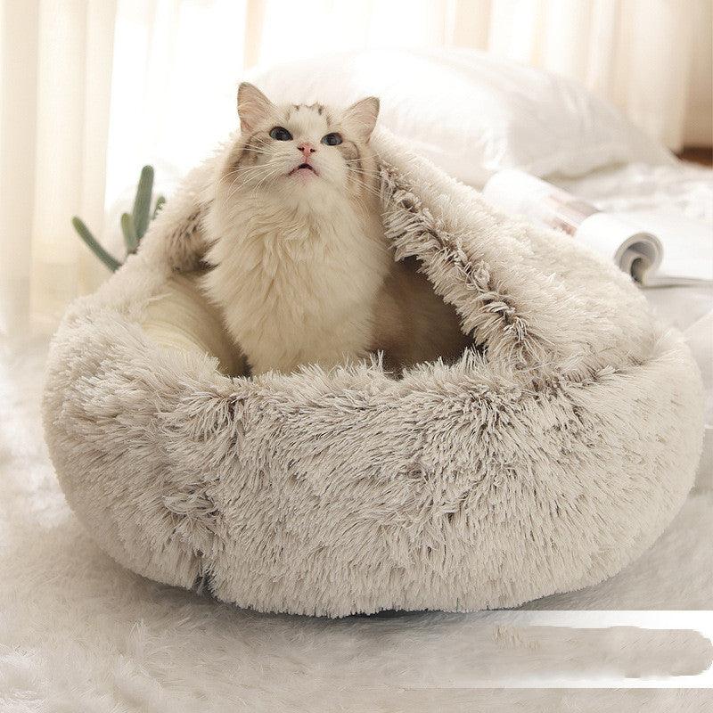 Round Half Open Warm and Soft Plush Cat Bed Pet Beds Plushie Depot
