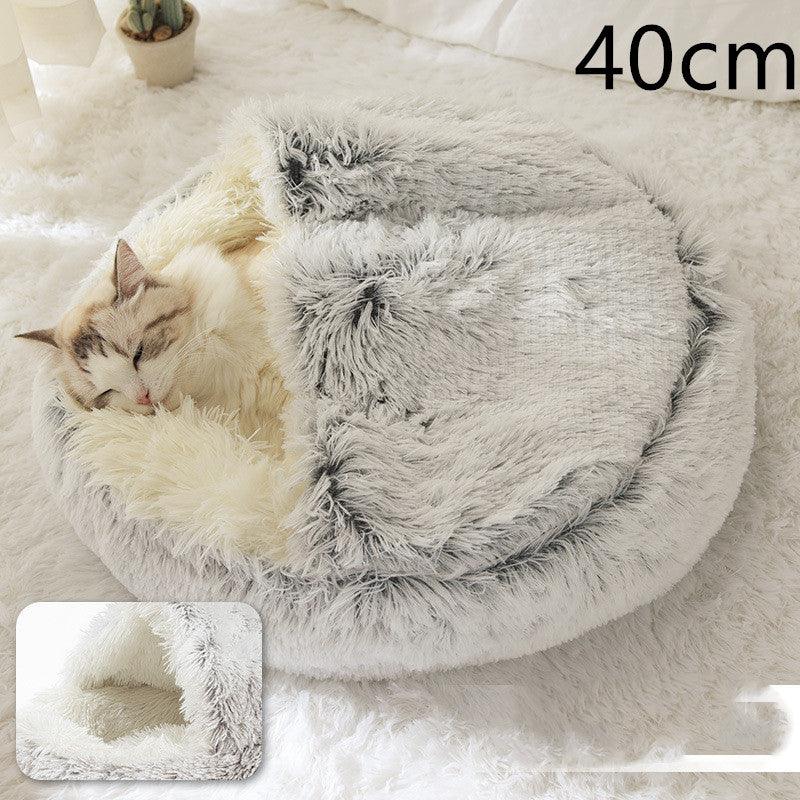 Round Half Open Warm and Soft Plush Cat Bed Hair Grey 40cm Pet Beds Plushie Depot