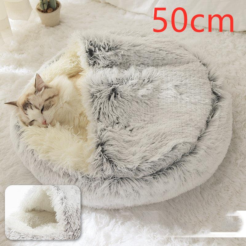 Round Half Open Warm and Soft Plush Cat Bed Hair Grey50cm Pet Beds Plushie Depot