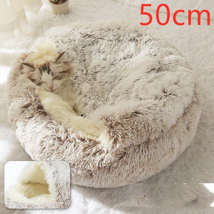 Round Half Open Warm and Soft Plush Cat Bed Hair Brown50cm Pet Beds Plushie Depot