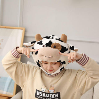Funny Soft Spot Cow Head Plush Toy Hat, Stuffed Animal Plush Hats Plushie Depot