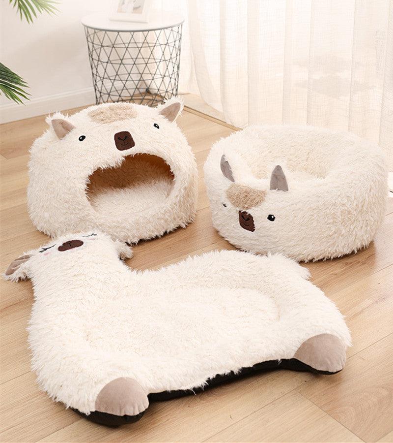 Alpaca Shaped Cat Pet Bed Warm Plush, Good for Small Dogs too Ped Beds - Plushie Depot