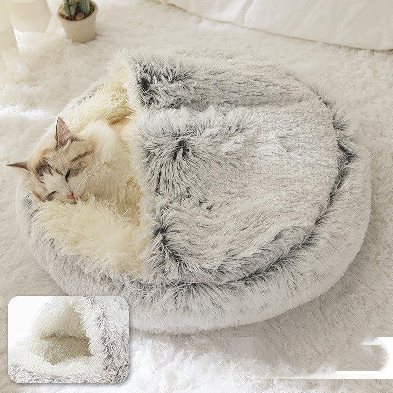 Round Half Open Warm and Soft Plush Cat Bed Hair Grey Pet Beds Plushie Depot