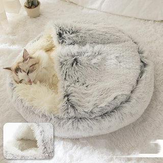 Round Half Open Warm and Soft Plush Cat Bed Hair Grey Pet Beds - Plushie Depot