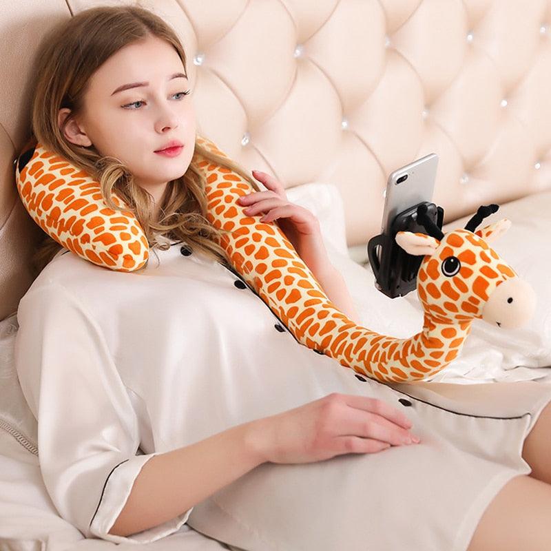 12" x 29.5" Creative 2 In 1 Hands Free U-shaped Plush Neck Pillow in Various Animal Shapes with Lazy Phone Holder Neck Pillows Plushie Depot